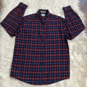 LL Bean Mens Traditional Fit Maroon Blue Plaid 100% Cotton Flannel Button Shirt